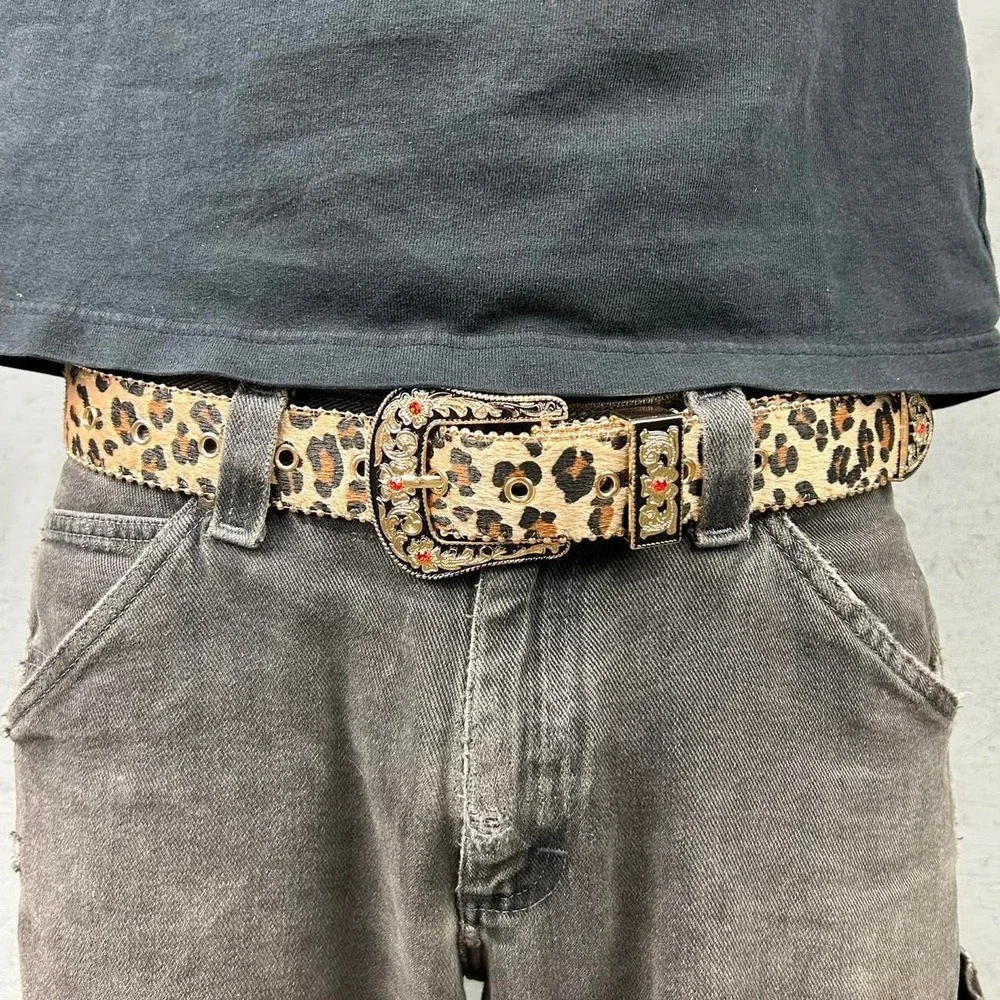 Vintage style cheetah leopard print fur belt western tan and brown bedazzled